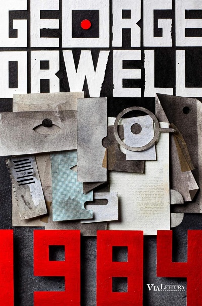 Capa de livro com o título GEORGE ORWELL 1984, formas abstratas cinzentas, fundo preto e vermelho