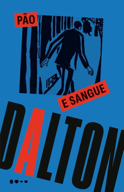 Capa de livro azul com ilustração preta e texto em vermelho e preto