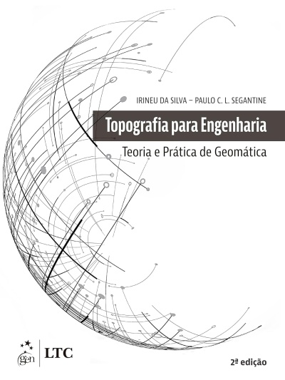 Capa de livro Topografia para Engenharia com linhas pretas e cinzentas formando um globo