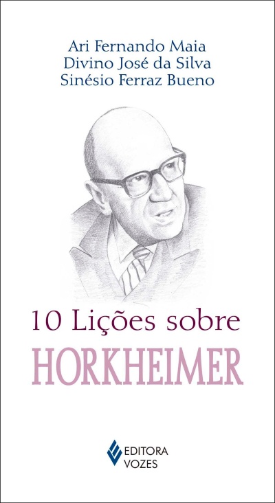 Capa de livro branco com ilustração a lápis de homem e texto sobre Horkheimer