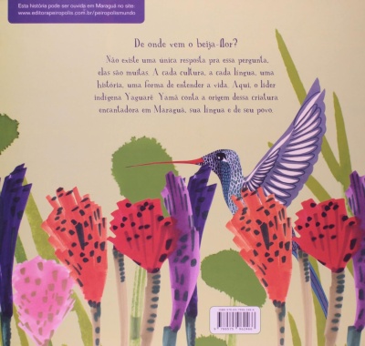 Contracapa de livro com ilustração de beija-flor e flores coloridas e texto em português.