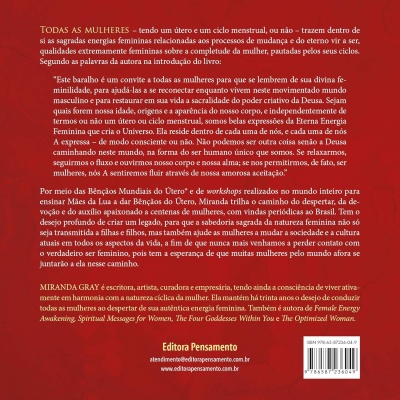 Contracapa de livro com texto sobre energia feminina, fundo vermelho, texto amarelo e branco, ISBN e logo da editora