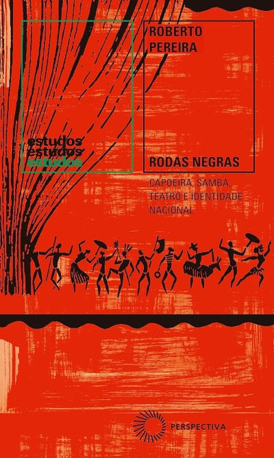 Capa de livro vermelha com ilustrações negras de danças e texto em preto e verde