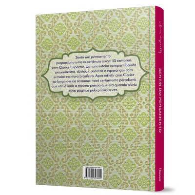 Livro com capa verde decorativa e lombada rosa intitulada SENTIR UM PENSAMENTO