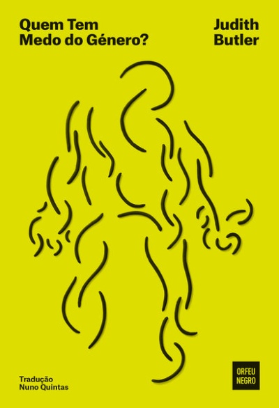 Capa de livro amarelo com título, autor, tradução, desenho abstrato preto e logotipo Orfeu Negro