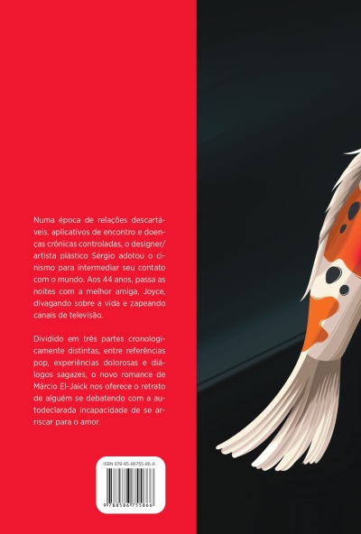 Capa traseira de livro vermelha com texto e código de barras ao centro, peixe ilustrado ao lado direito.