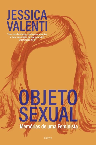 Capa de livro laranja com ilustração de cabelo ruivo e textos em azul e branco