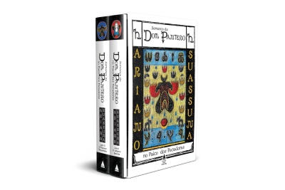 Conjunto de dois livros Romances de Dom Pajueiro com capa branca e ilustrações abstratas coloridas