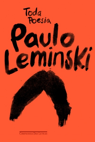 Capa de livro em cor laranja com texto preto Paulo Leminski Toda Poesia