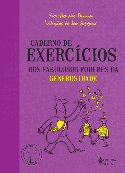 Capa de livro lilás com texto preto e amarelo e ilustração de personagens com corações amarelos