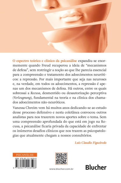Capa traseira de livro sobre psicanálise com rosto artístico em tons de bege e texto em português