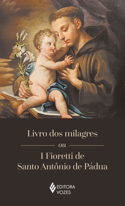 Capa de livro religioso com pintura de Santo António de Pádua e Menino Jesus