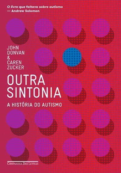 Capa de livro vermelha com círculos roxos e azul e texto branco sobre autismo