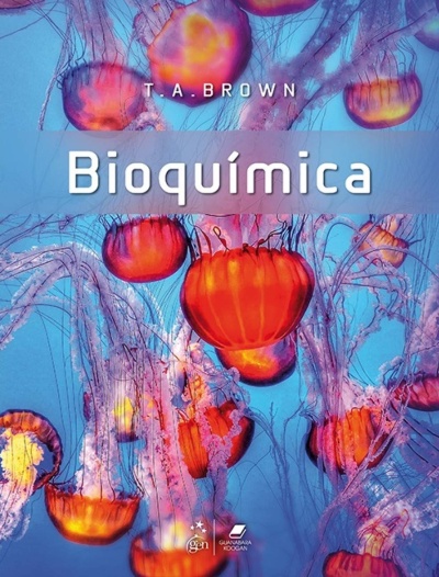 Capa de livro com águas-vivas laranja e texto Bioquímica