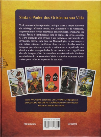 parte de trás da caixa do Tarô Sagrado dos Orixás com descrição e imagens de cinco cartas coloridas