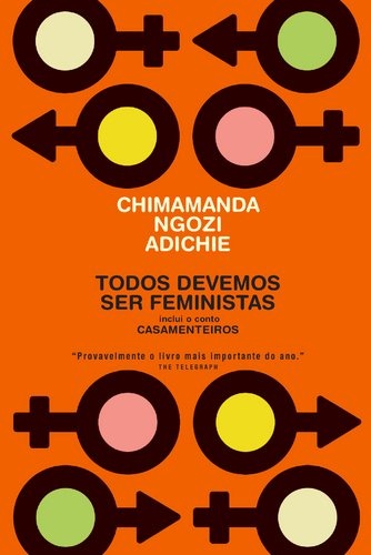 Capa de livro laranja com símbolos femininos e masculinos coloridos e texto em branco e preto.