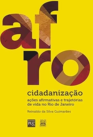 Capa amarela de livro com título afro em letras grandes multicoloridas e texto informativo em preto