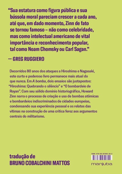 Capa de livro com texto roxo sobre fundo verde, citação, resumo, tradução, ISBN e logótipo Manjuba.