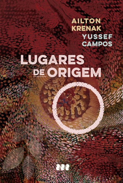 Capa de livro com fundo abstrato vermelho e texto LUGARES DE ORIGEM