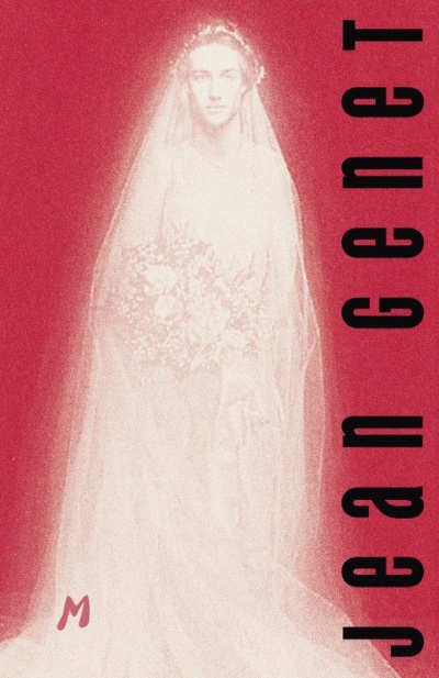 Noiva em vestido branco com véu e bouquet, fundo vermelho texto Jean genet