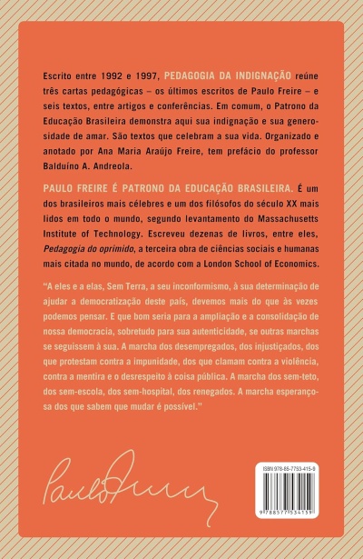 Contra-capa de livro laranja com texto em português e código de barras
