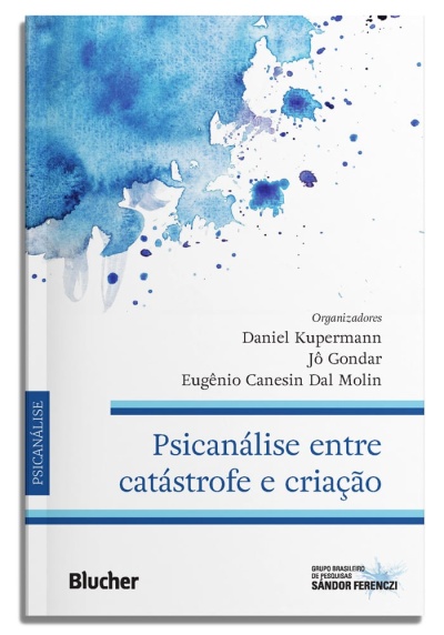 Capa de livro Psicanálise entre catástrofe e criação com manchas em tinta azul aquarela