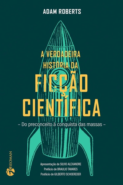 Capa de livro verde com foguete azul e texto em amarelo sobre ficção científica.