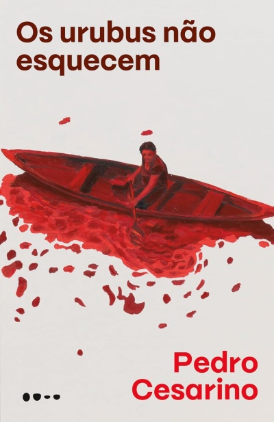 Capa de livro com ilustração de pessoa num barco vermelho em água vermelha e texto em castanho e vermelho num fundo branco.