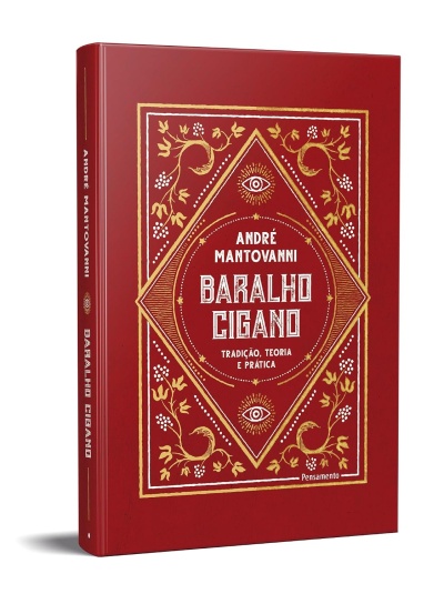 Livro Baralho Cigano de capa vermelha com detalhes dourados e brancos