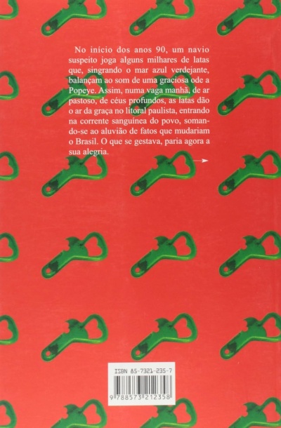 Contracapa de livro vermelha com padrão de abridores de lata verdes e texto em português