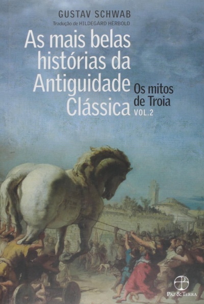 Capa de livro com cavalo de madeira e texto em branco e preto em fundo azul