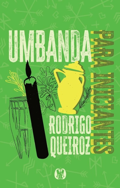 Capa verde com ilustrações de candelabro, vaso amarelo e texto Umbanda Para Encantes.