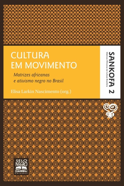 Capa de livro com padrão circular castanho e texto CULTURA EM MOVIMENTO em amarelo