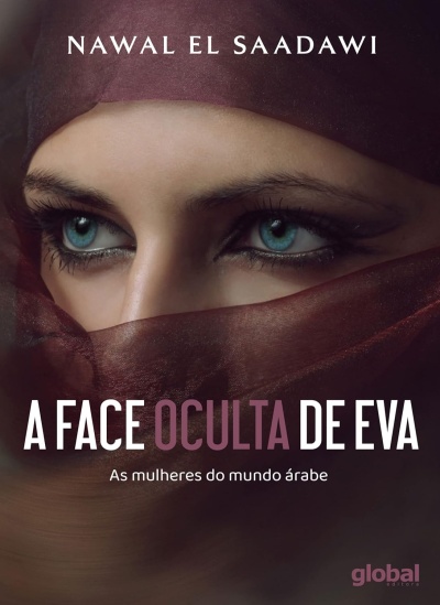Capa de livro com rosto feminino coberto por véu castanho e olhos azuis visíveis