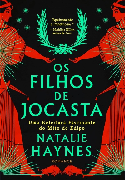Capa de livro preto com figuras femininas vermelhas e texto verde e amarelo