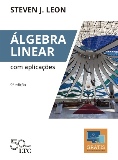 Capa do livro Álgebra Linear com aplicações, 9ª edição, com ilustração de vitrais coloridos e selo de videoaulas grátis