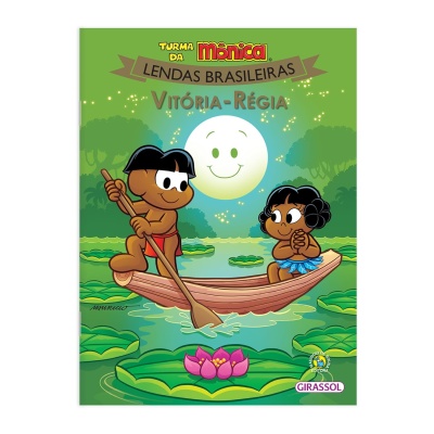 Capa de livro Turma da Mônica Lendas Brasileiras Vitória-Régia com personagens numa canoa em lago com nenúfares e lua sorridente.