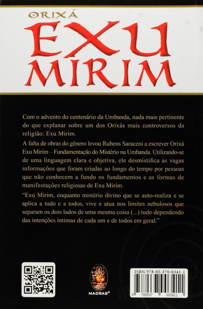 Capa de livro Orixá Exu Mirim com texto explicativo, código QR e ISBN.