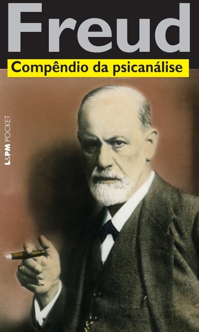 Capa de livro Freud Compêndio da psicanálise com fotografia de homem idoso a segurar charuto.