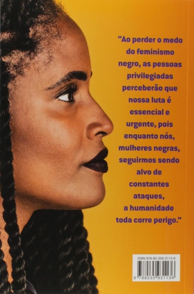 Capa amarela de livro com rosto de mulher negra de perfil e texto em azul.