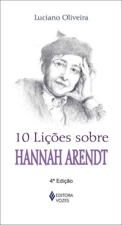 Capa de livro com desenho a lápis e texto sobre Hannah Arendt