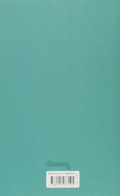 Capa traseira de livro azul turquesa com código de barras e texto