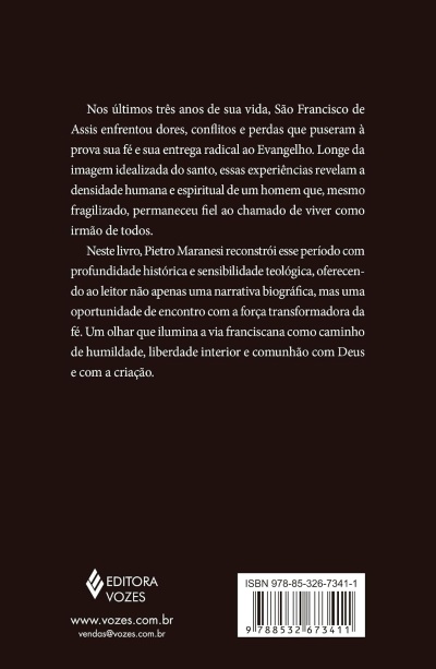 Contracapa de livro castanha com texto branco, logo da editora Vozes, website, email e código de barras.