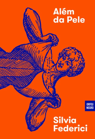 Capa de livro laranja com ilustração azul de pessoa puxando roupa e textos em branco.