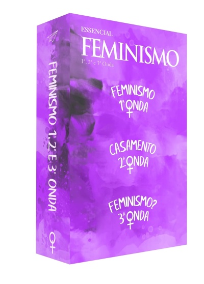 Caixa roxa com texto sobre feminismo e ondas femininas.