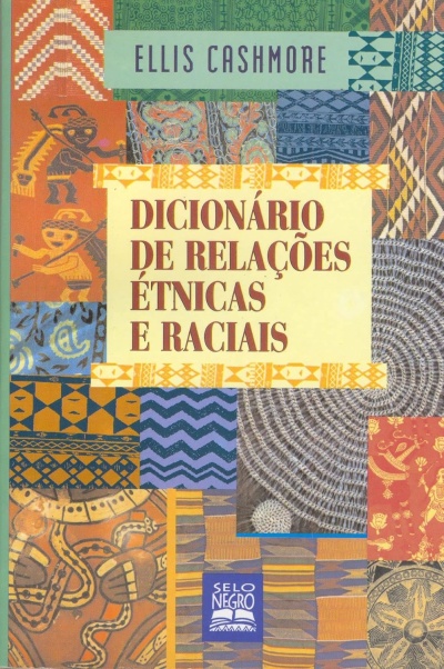 Capa de livro colorida com padrões étnicos e texto Dicionário de Relações Étnicas e Raciais.