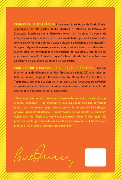 Contracapa de livro laranja com texto amarelo e preto sobre Paulo Freire