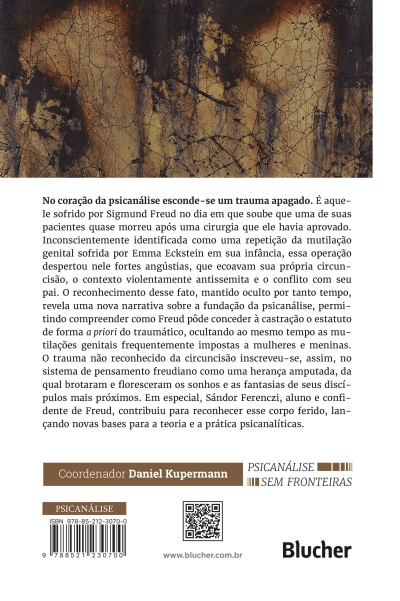 Contracapa de livro com arte abstrata e texto em português sobre psicanálise.