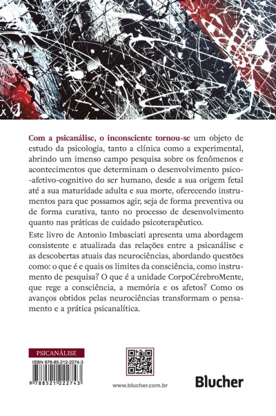 Contracapa de livro com padrão abstrato e texto sobre psicanálise em português, código de barras, QR code e logotipo Blucher.