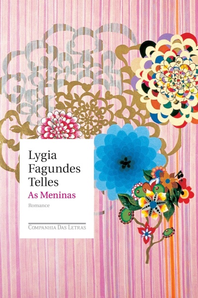 Capa de livro com padrão floral colorido e fundo rosa listrado.